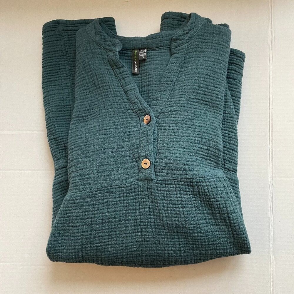 Shannon Passero GreenTextured Cotton Dress S Crinkle Gauze Lagenlook Pockets - Picture 6 of 8